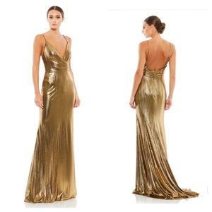 Leena for Mac Duggal Faux Wrap Spaghetti StrapGown Gold Metallic Size 4 see pic